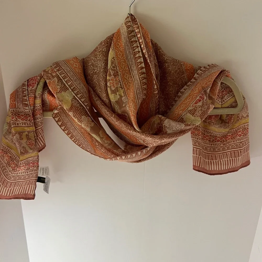 Womens Batik Keris Silk Floral Rectangular Scarf Orange Brown NWT 14 x 66